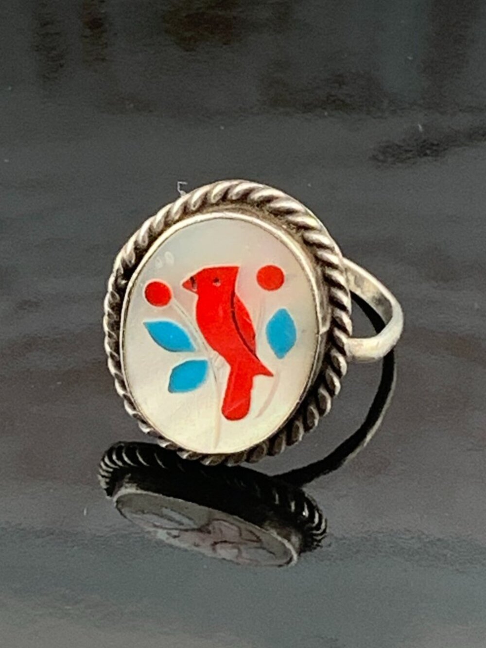 Vintage Cardinal Silver Ring Zuni Native American J1425